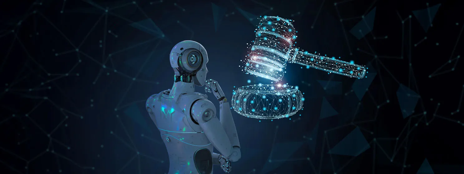 Internet law concept with 3d rendering ai robot with gavel judge