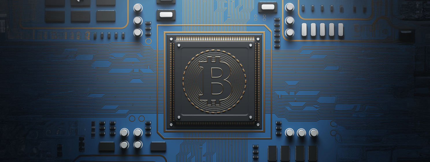 Blue circuit board with a processor, bitcoin