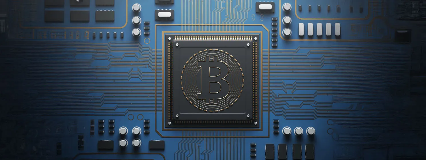 Blue circuit board with a processor, bitcoin