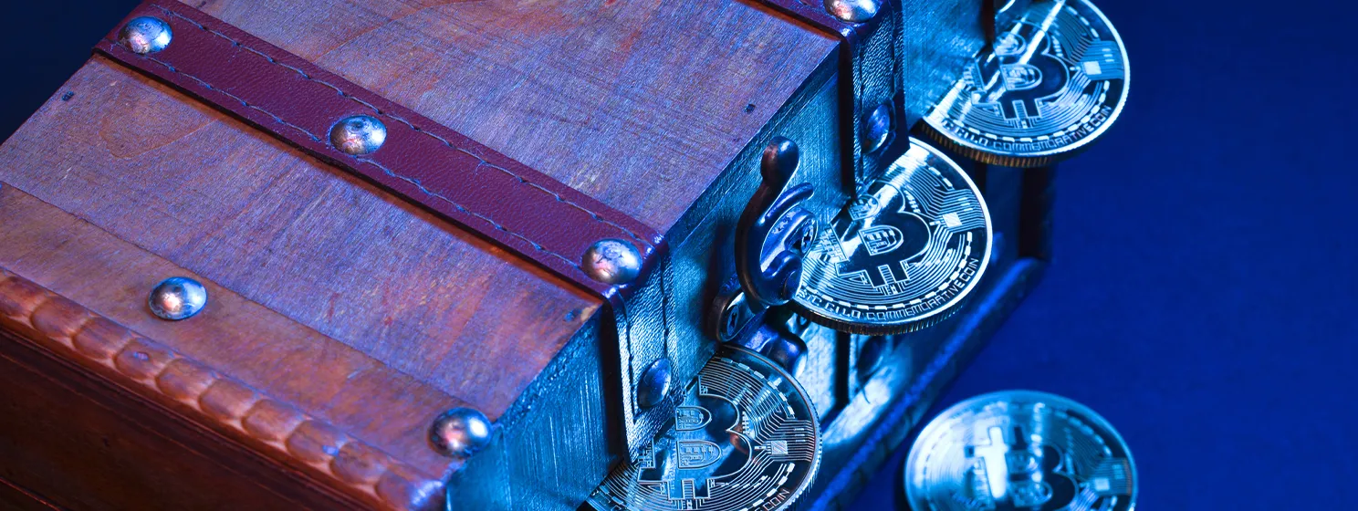 Wooden treasure chest with valuables, bitcoins