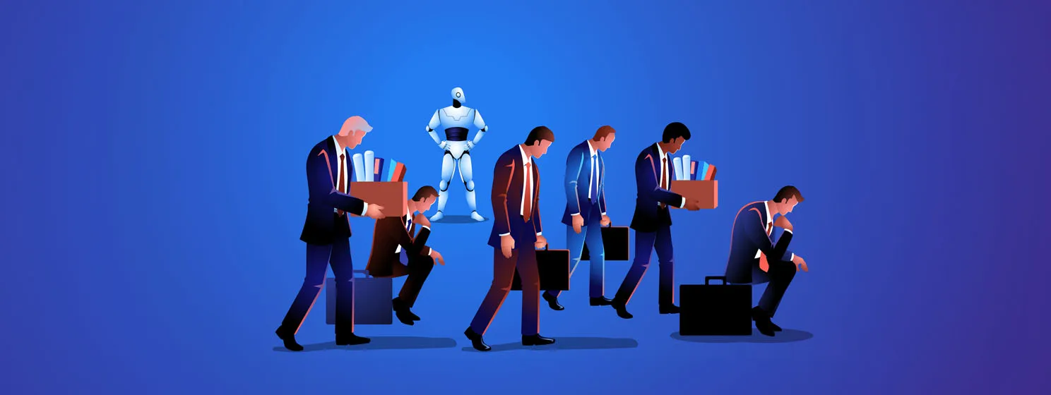 Illustration portraying the looming AI threat, embodied by a robot overtaking human job roles
