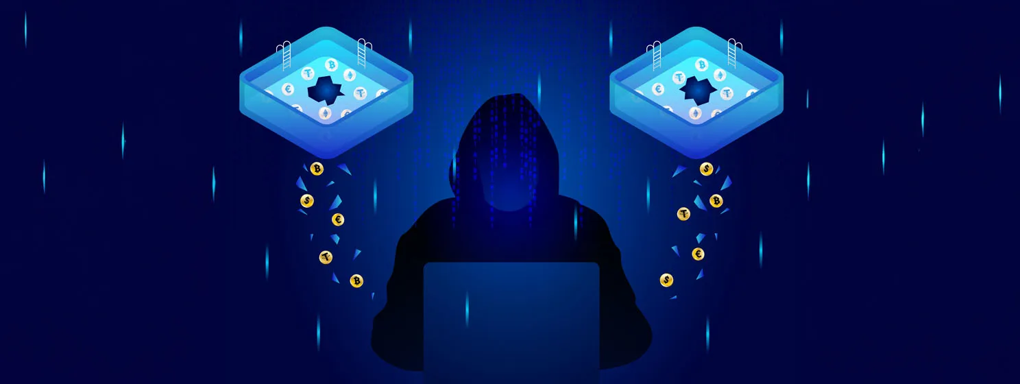 Hacker, broken liquidity pools and spilled cryptocurrencies of digital background