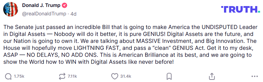 President Trump Truth post on GENIUS Bill