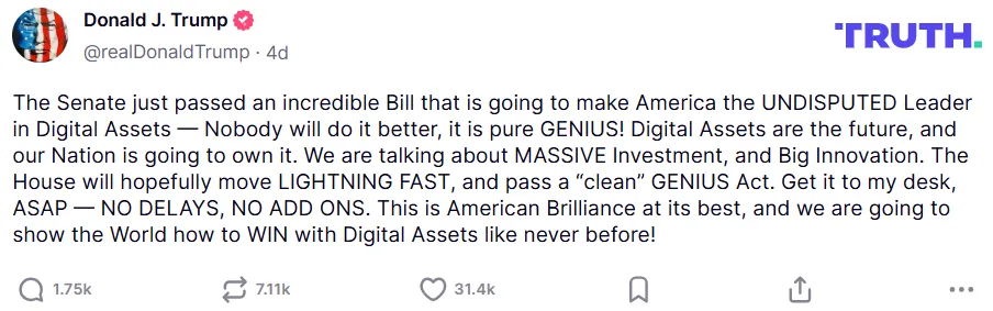 President Trump Truth post on GENIUS Bill