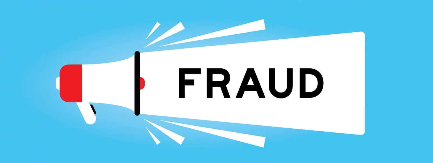 Color megaphone icon with word fraud in white banner on blue background