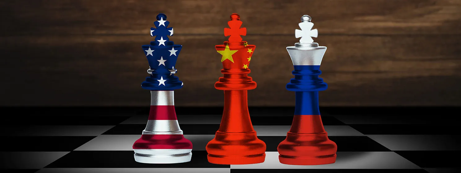 US, China, Russia flags in chess pieces