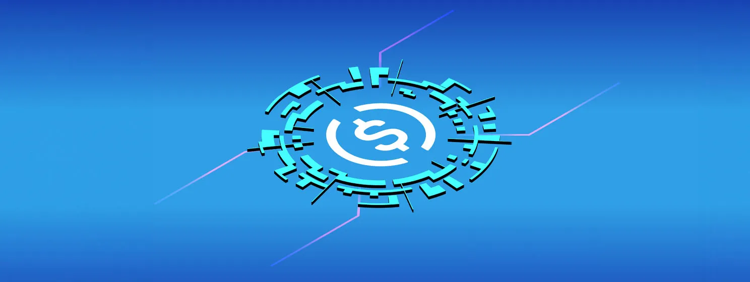 USD coin USDC isometric token symbol in digital circle on blue background