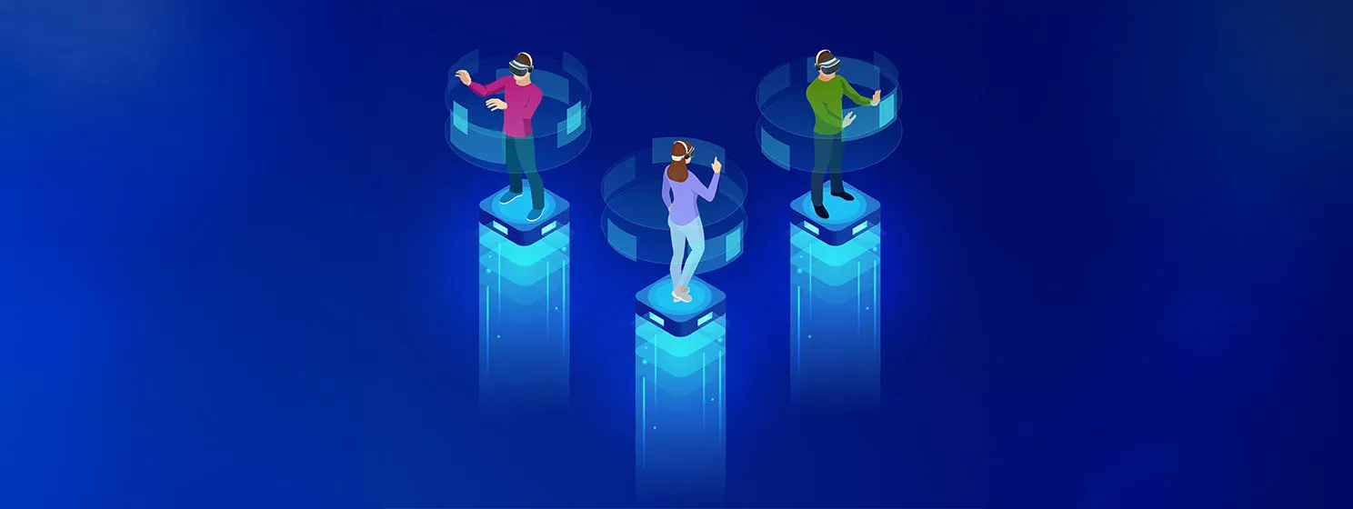 Isometric men and a woman wearing goggle headset with touching vr interface. Into virtual reality world. Future technology theme.