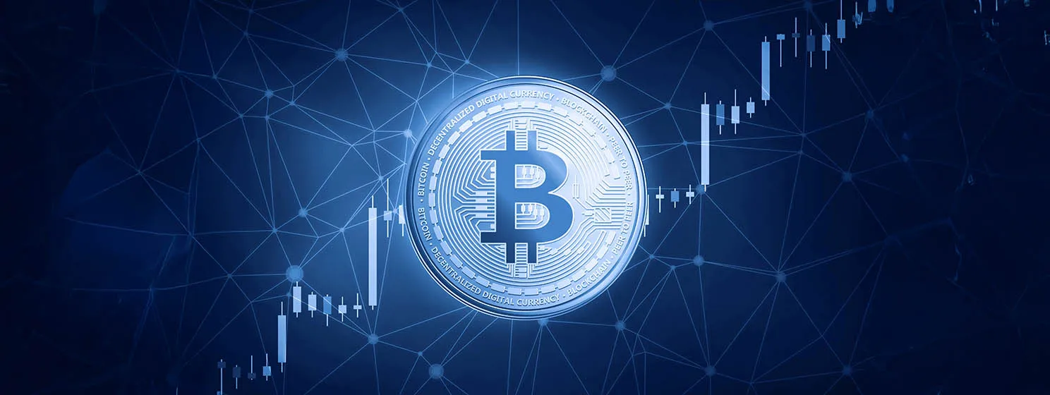 Bitcoin logo coin on hud background with bull stock chart.