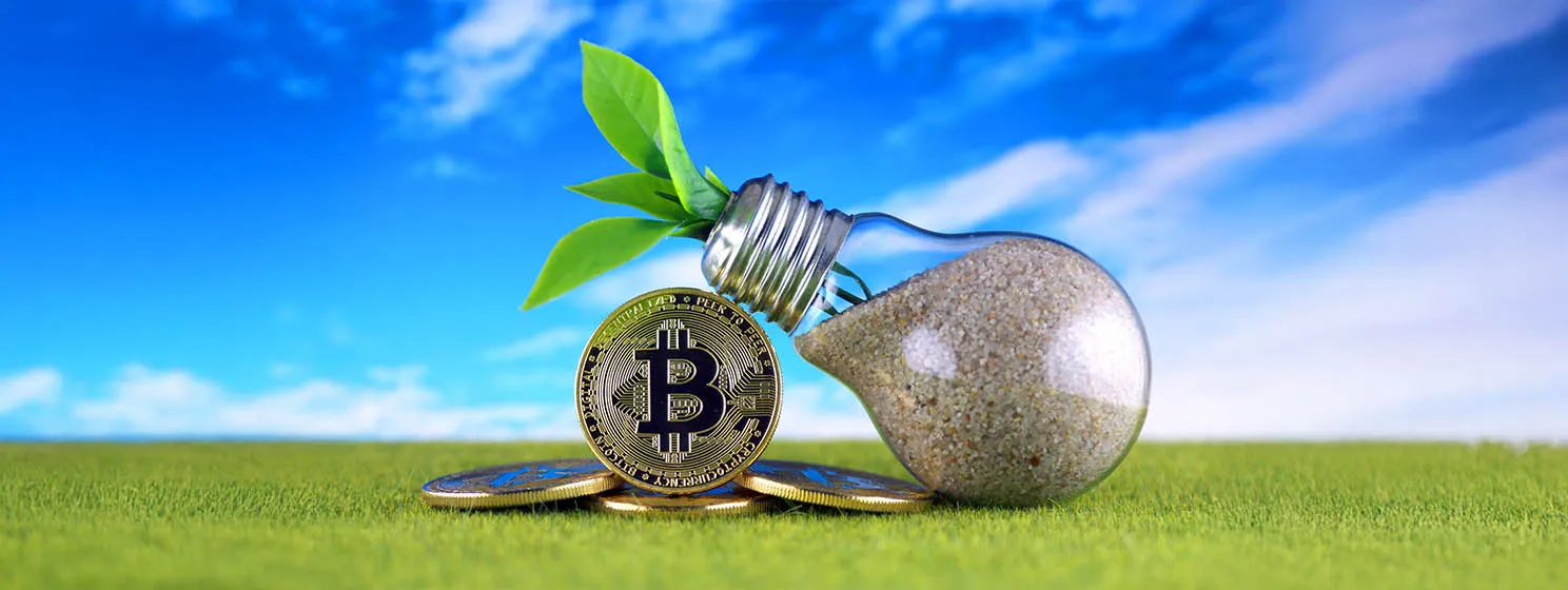 Bitcoin (BTC) and green, renewable energy concept. Electricity prices, energy saving in the cryptocurrency mining business concept.