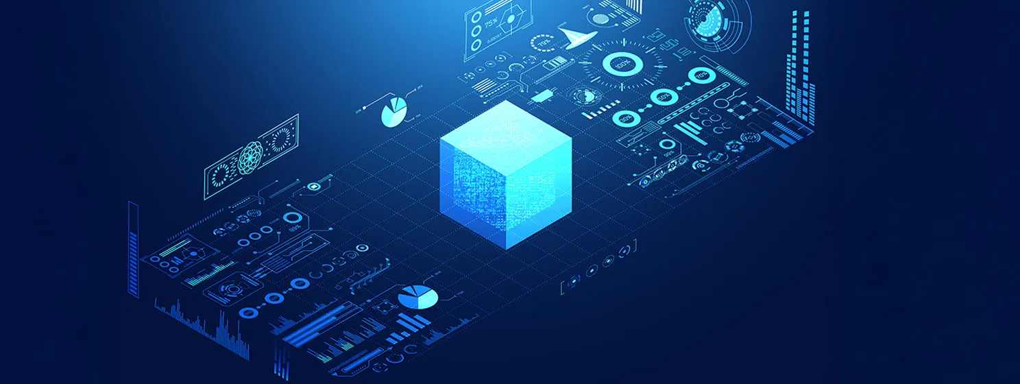 Abstract cube blockchain technology ui futuristic concept hud interface hologram elements of digital data chart.