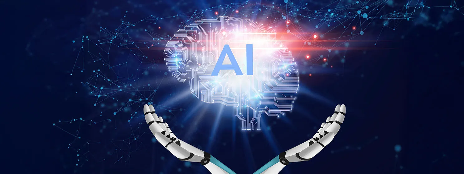 Cyborg hands holding technological projection of human brain signifying AI.