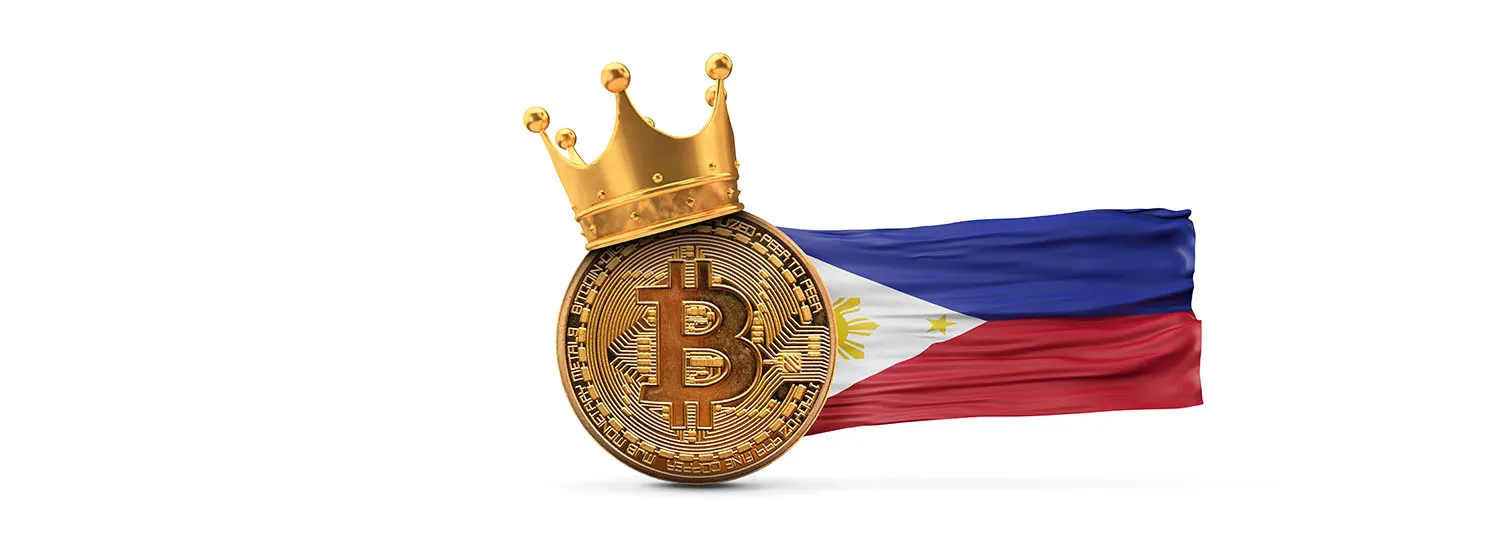 Bitcoin with gold crown and Philippines flag. Cryptocurrency king concept.