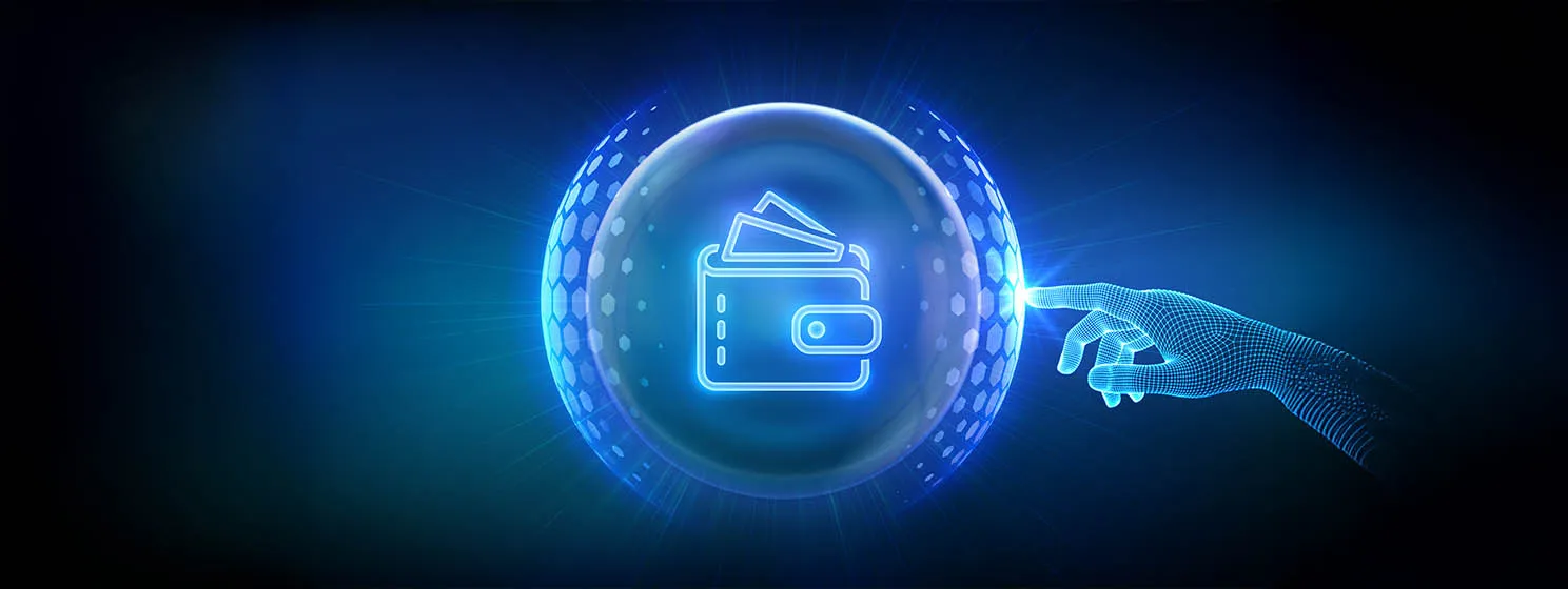 Hand touching transparent protection sphere shield with Wallet icon inside.