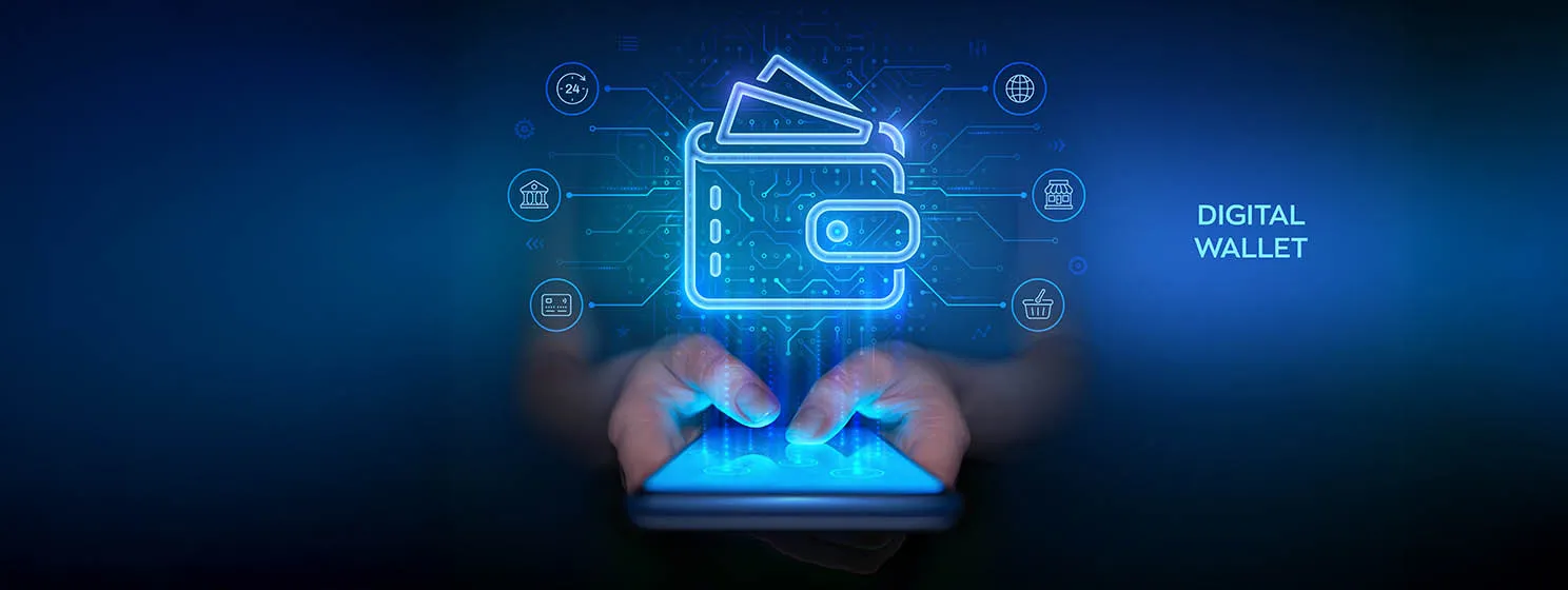 Businessman hand using smartphone for online payment by digital wallet. Mobile banking, money transaction, e-commerce banner.