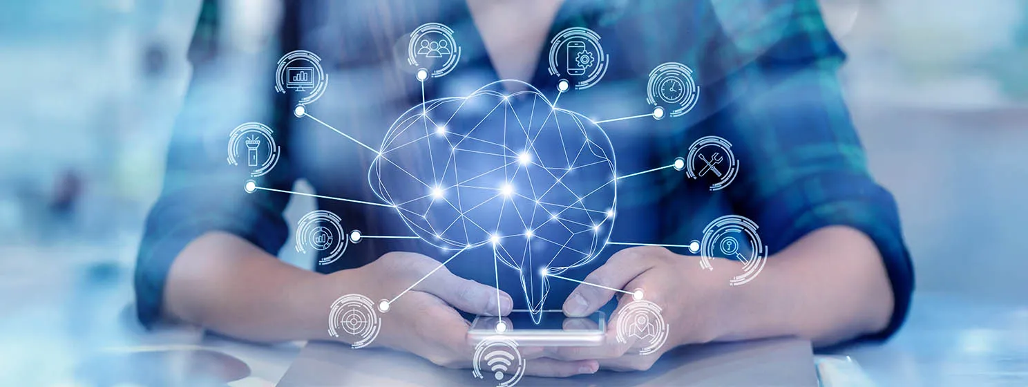 Polygonal brain shape of artificial intelligence with various icon of smart city Internet of Things Technology over Asian businesswoman hand using smart mobile phone, AI and business IOT concept.