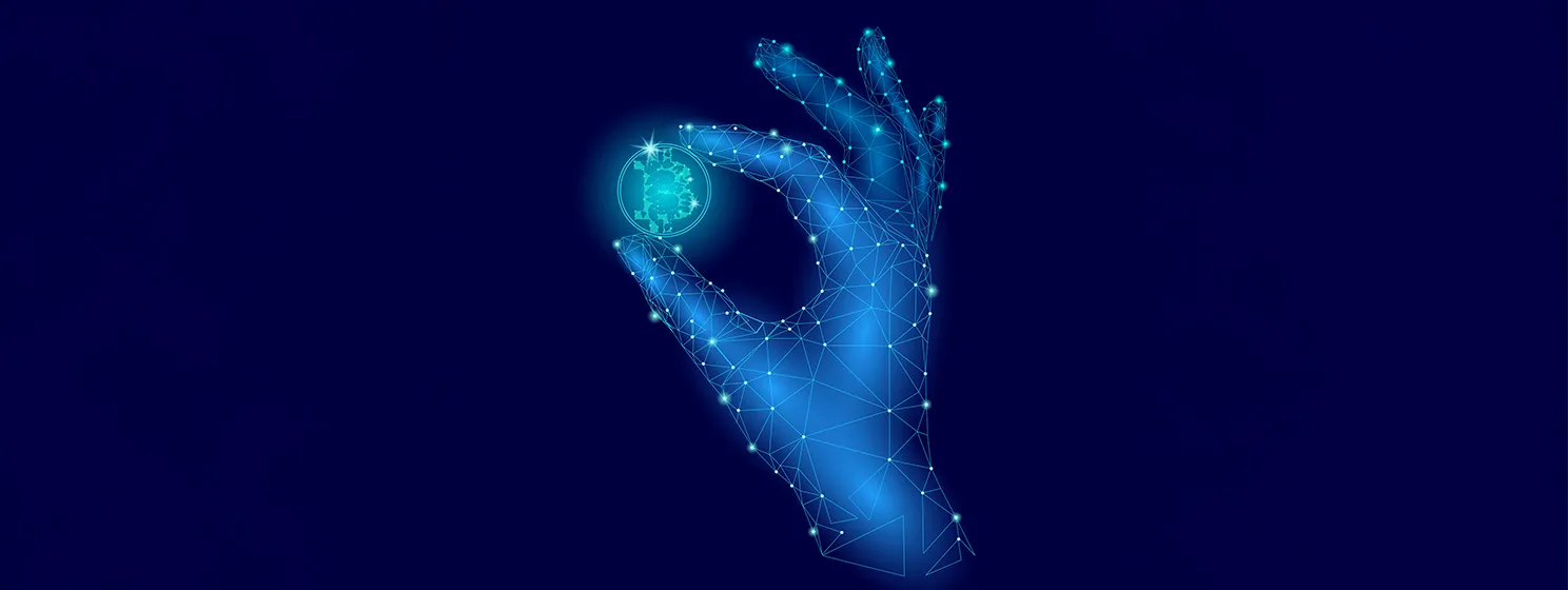 Low poly hand hold bitcoin carefully