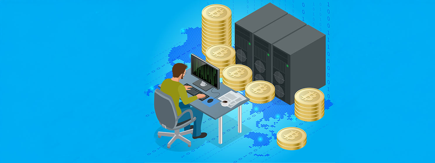 Flat 3d isometric man on computer online mining bitcoin concept. Bitcoin mining equipment. Digital Bitcoin. Golden coin with Bitcoin symbol in electronic environment.