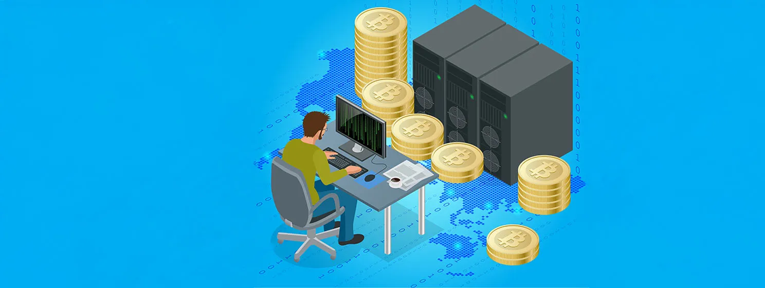 Flat 3d isometric man on computer online mining bitcoin concept. Bitcoin mining equipment. Digital Bitcoin. Golden coin with Bitcoin symbol in electronic environment.
