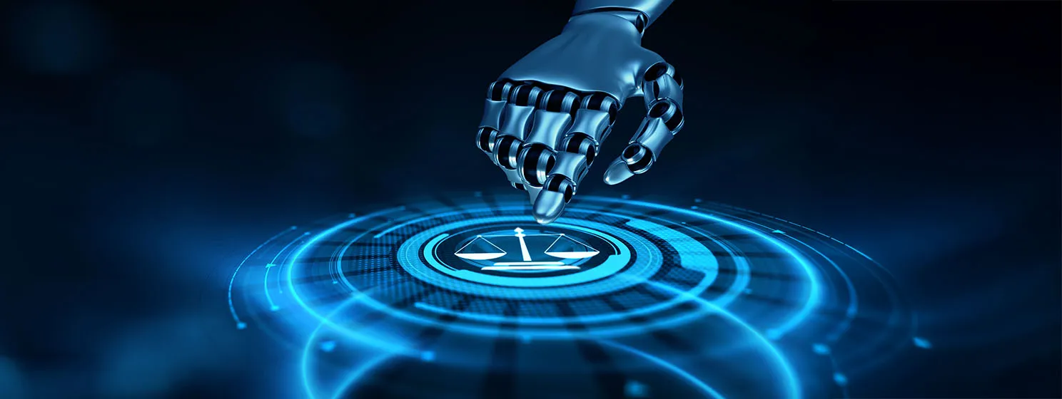 Labor law cyber compliance advocacy business concept. Robot hand Pressing button 3d render.