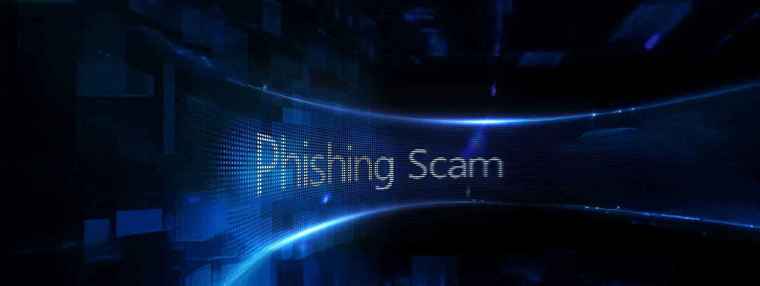 Phishing scam word on digital screen.