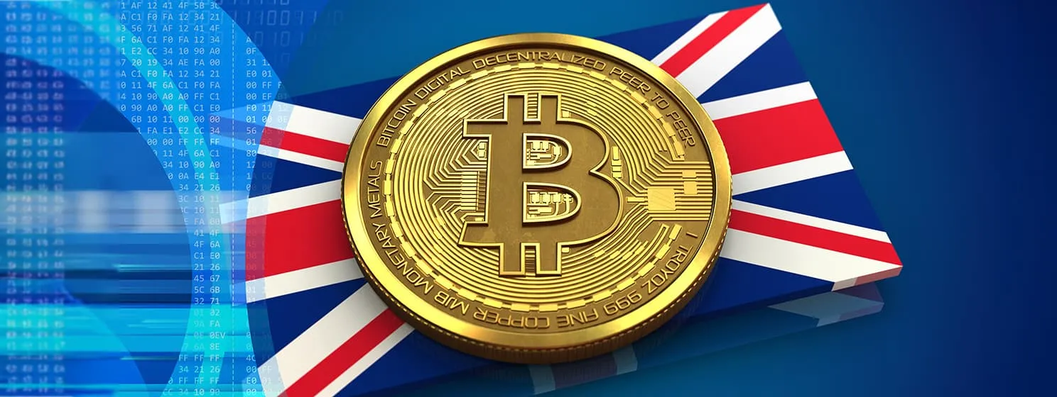 Bitcoin coin over UK flag with blue background.