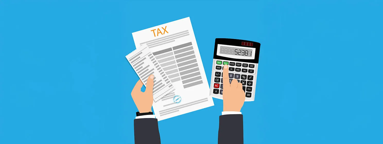 Tax payment concept. State Government taxation, calculation of tax return. Tax form with paper documents, forms, calculator. Pay the bills, invoices, payrolls.