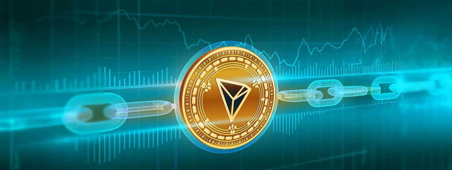 Crypto currency. Block chain. Tron. 3D isometric Physical golden Tron coin with wireframe chain. Blockchain concept. Editable Cryptocurrency template.