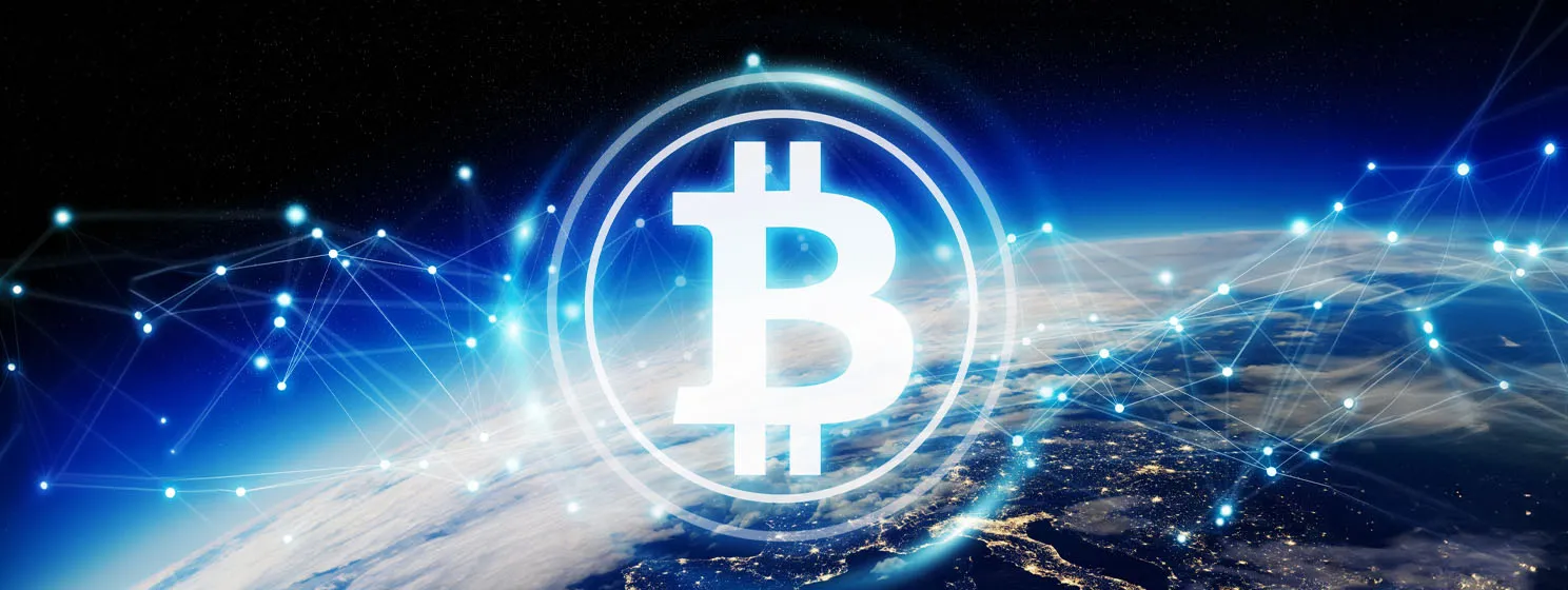 BTC logo hologram planet earth concept banner
