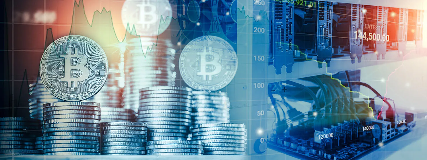 Computer for Bitcoin mining and bitcoin coin on a stock market charts
