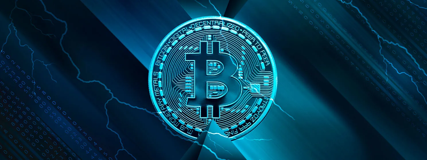 Abstract dark neon background with bitcoin, dynamic lines, lightning - bitcoin