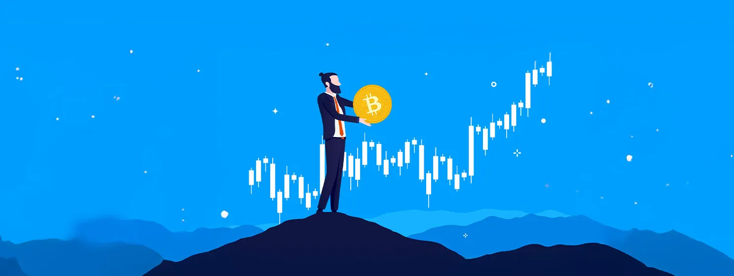 Businessman holding bitcoin in front of rising chart