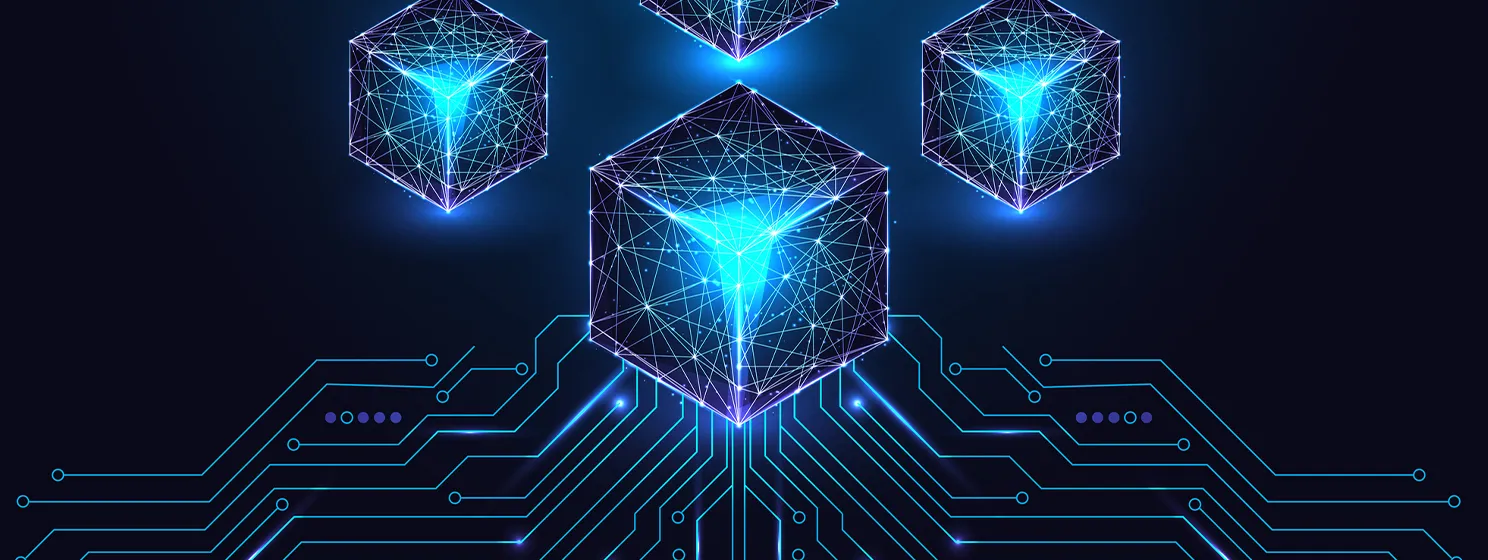 Concept of blockchain - Cubes on glowing circuits on dark blue background