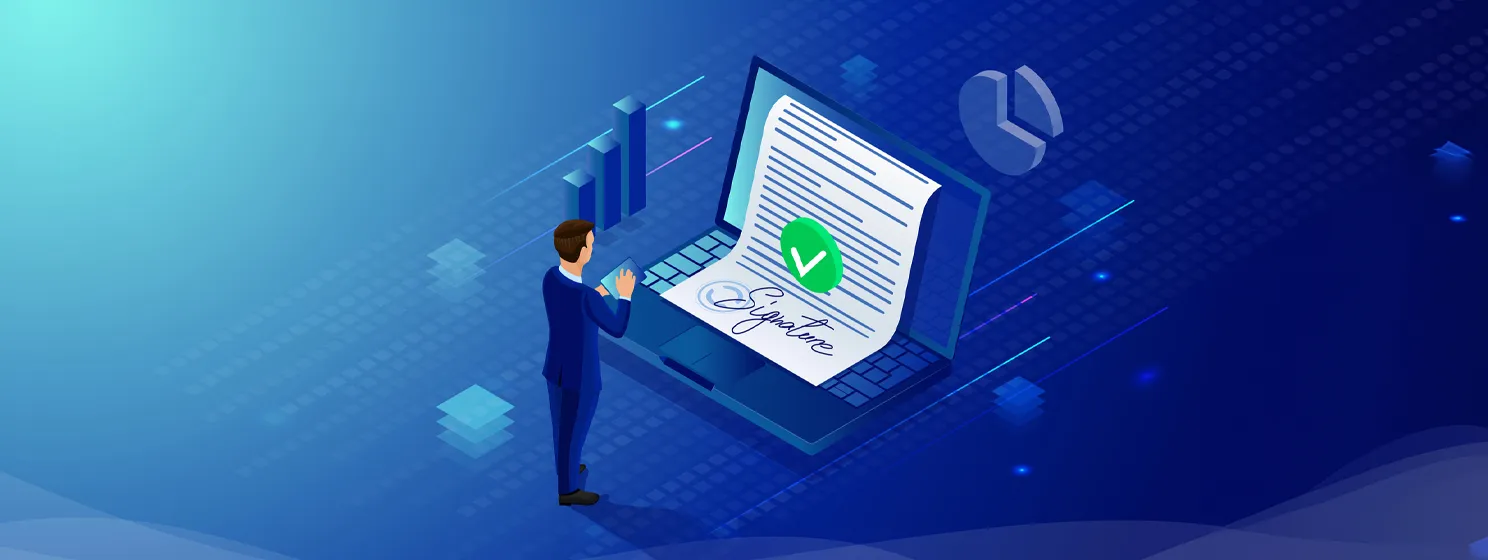 Digital signature, businessman sign on smartphone illustration