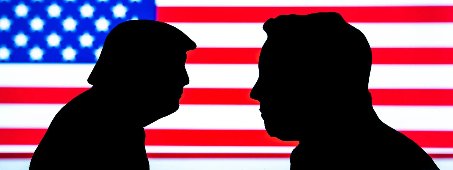 Donald Trump and Elon Musk silhouettes over US flag
