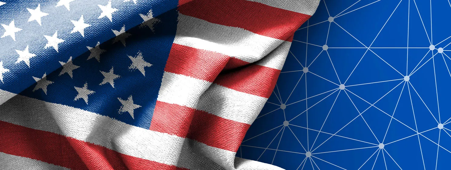 Flag of USA over tech network background
