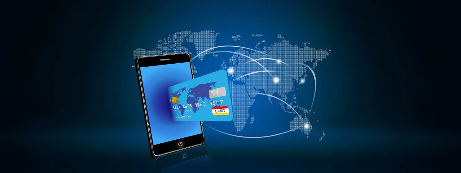 smart phone with credit card on global network