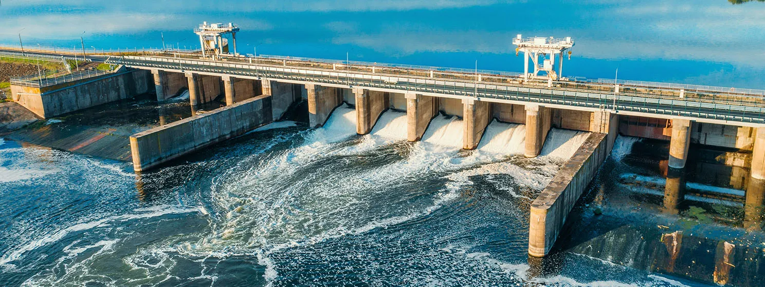 Aerial panoramic view of Hydroelectric Dam on river