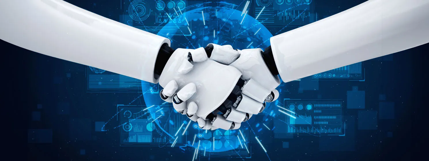 rendering humanoid robot handshake - tech concept