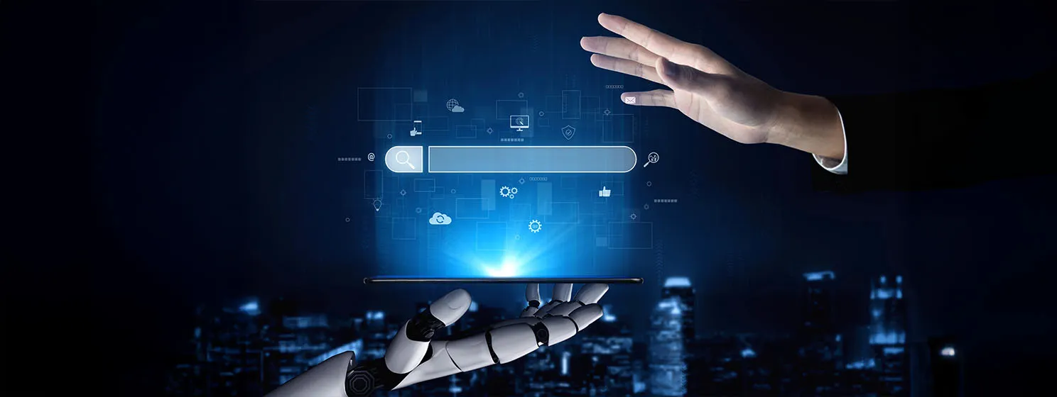 AI assisting search engine interface to find digital information.