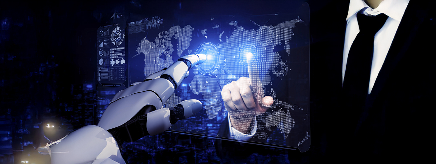 Hand of a robot and man pointing on a tech hologram