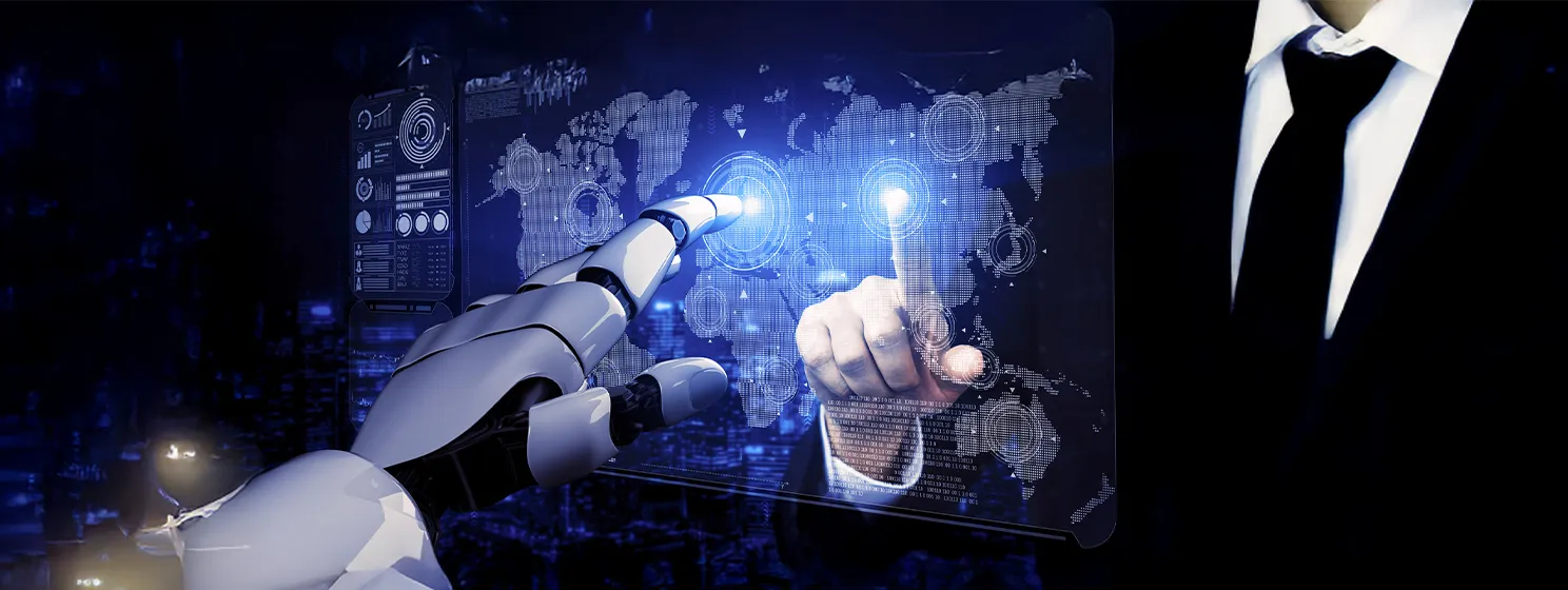 Hand of a robot and man pointing on a tech hologram