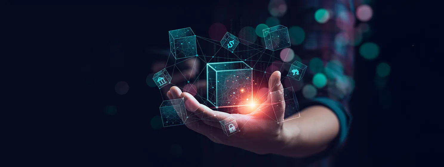Man with open palm with floating block graphics signifying the blockchain.