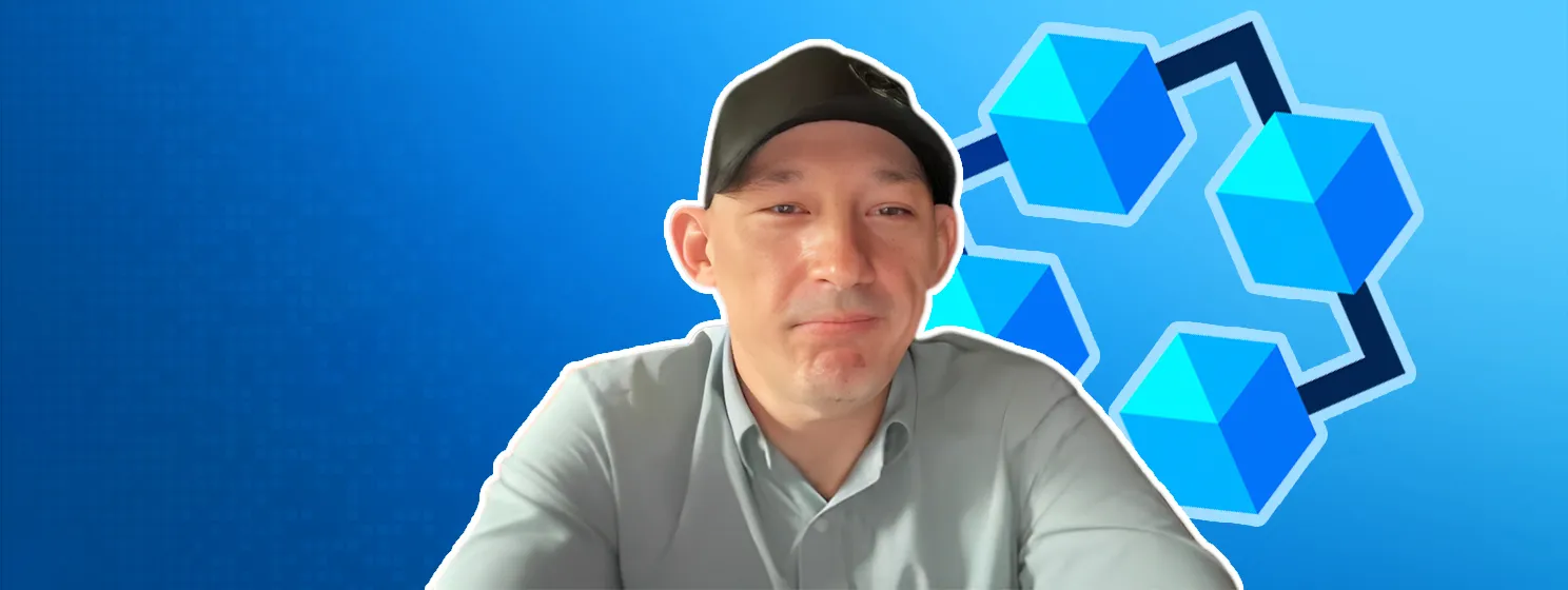 Bryan Daugherty with a blockchain concept background photo.