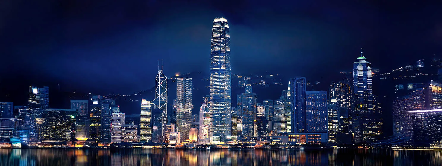 Central business district in Hong Kong at night.