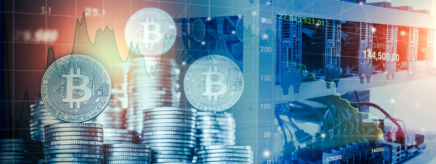 Computer for Bitcoin mining and bitcoin coin on a stock market charts.