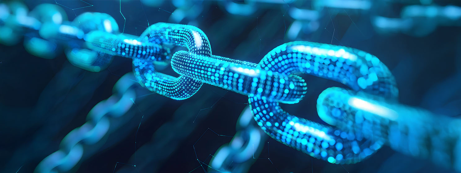 Blockchain protocol, neon light blue and green with white space. Chain graphics in blue and white colors.