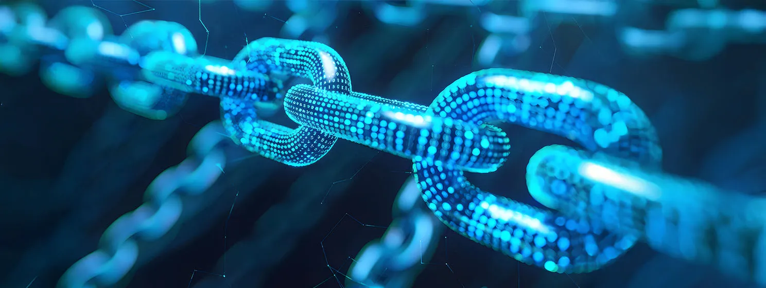 Blockchain protocol, neon light blue and green with white space. Chain graphics in blue and white colors.