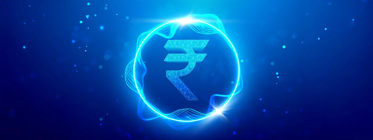 Digital rupee technology interface with glowing Indian currency symbol, futuristic financial background.