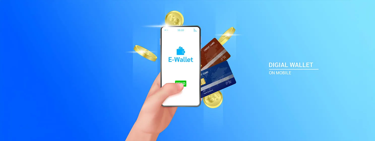 Hand holding smartphone with Digital wallet application.
